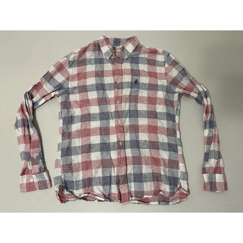 Brooks Brothers Red Fleece Shirt Mens Medium Plaid Linen Blend Button Up Casual